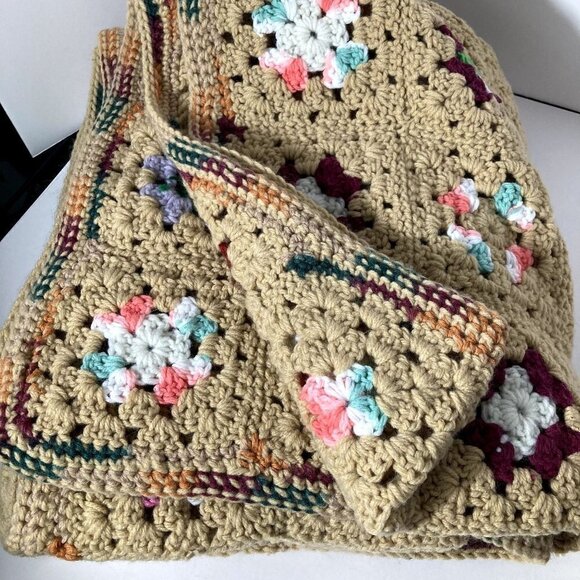 Handmade Granny Square Crocheted Blanket Tan w Multicolored Squares 50 x 60 - Picture 1 of 7